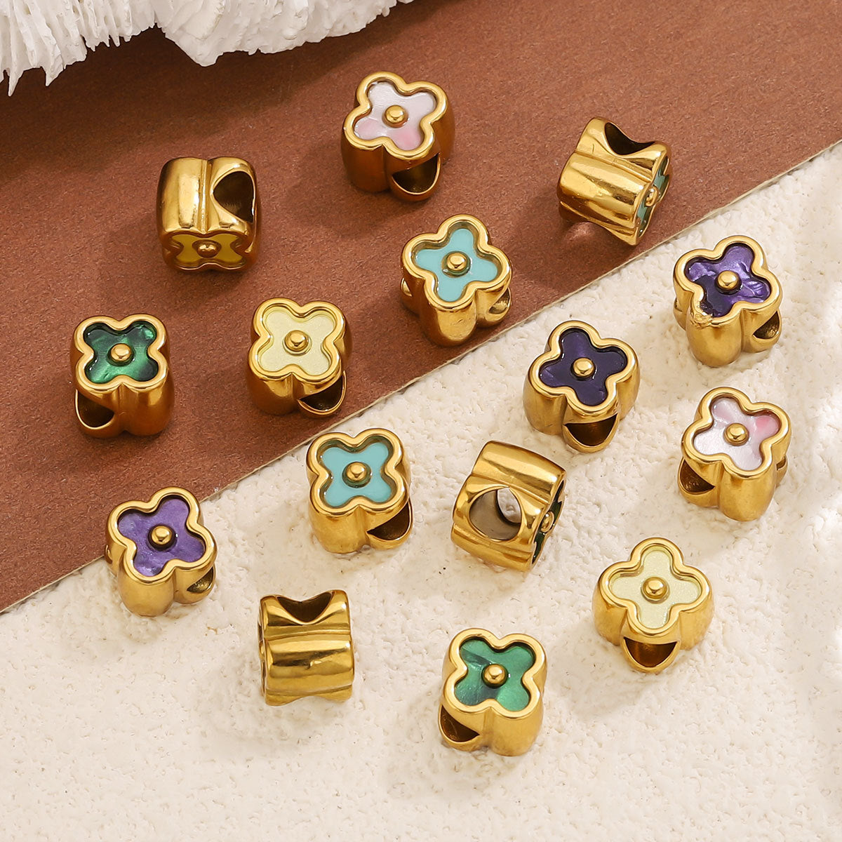18K Gold-Plated Stainless Steel Four-Leaf Clover Large-Hole Spacer Beads 5pcs