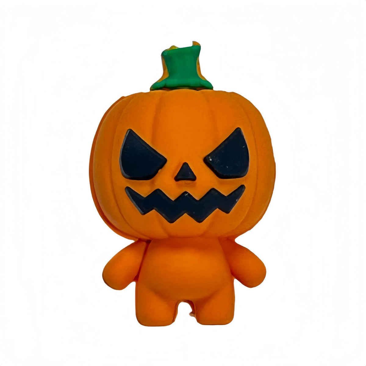 Cartoon pumpkin-head silicone focal bead with carved black face and green stem