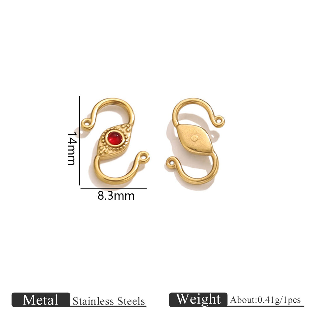 Gold stainless steel S-hook clasp with red stone, front and back views with 14mm by 8.3mm dimensions