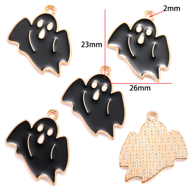 Five ghost-shaped charms, glossy black with rose gold outline, 23mm by 26mm