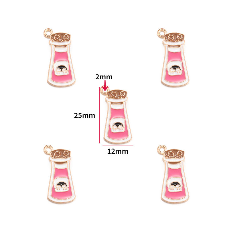 Five pink enamel potion bottle charms with skull labels and gold-tone trim, 25mm by 12mm
