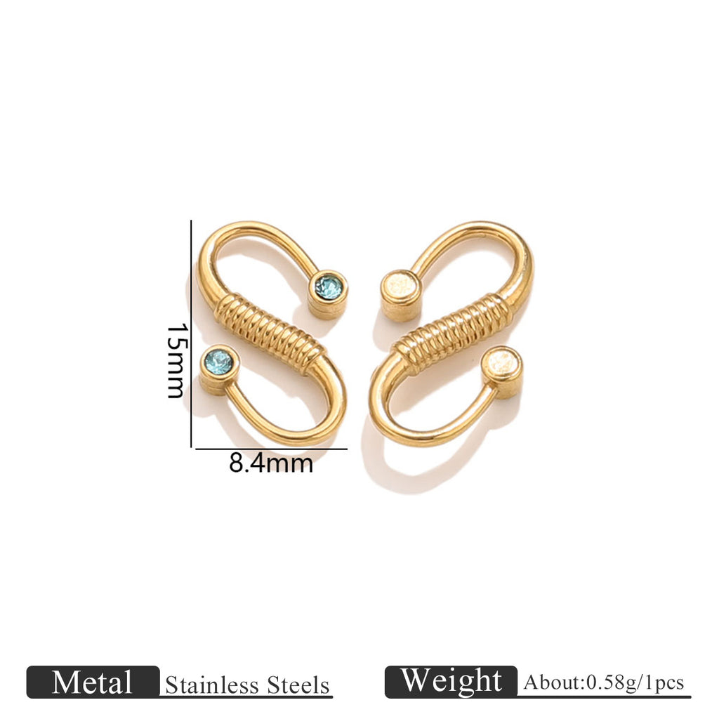 Two gold stainless steel S-hook clasps with light blue and white stones, 15mm by 8.4mm dimensions