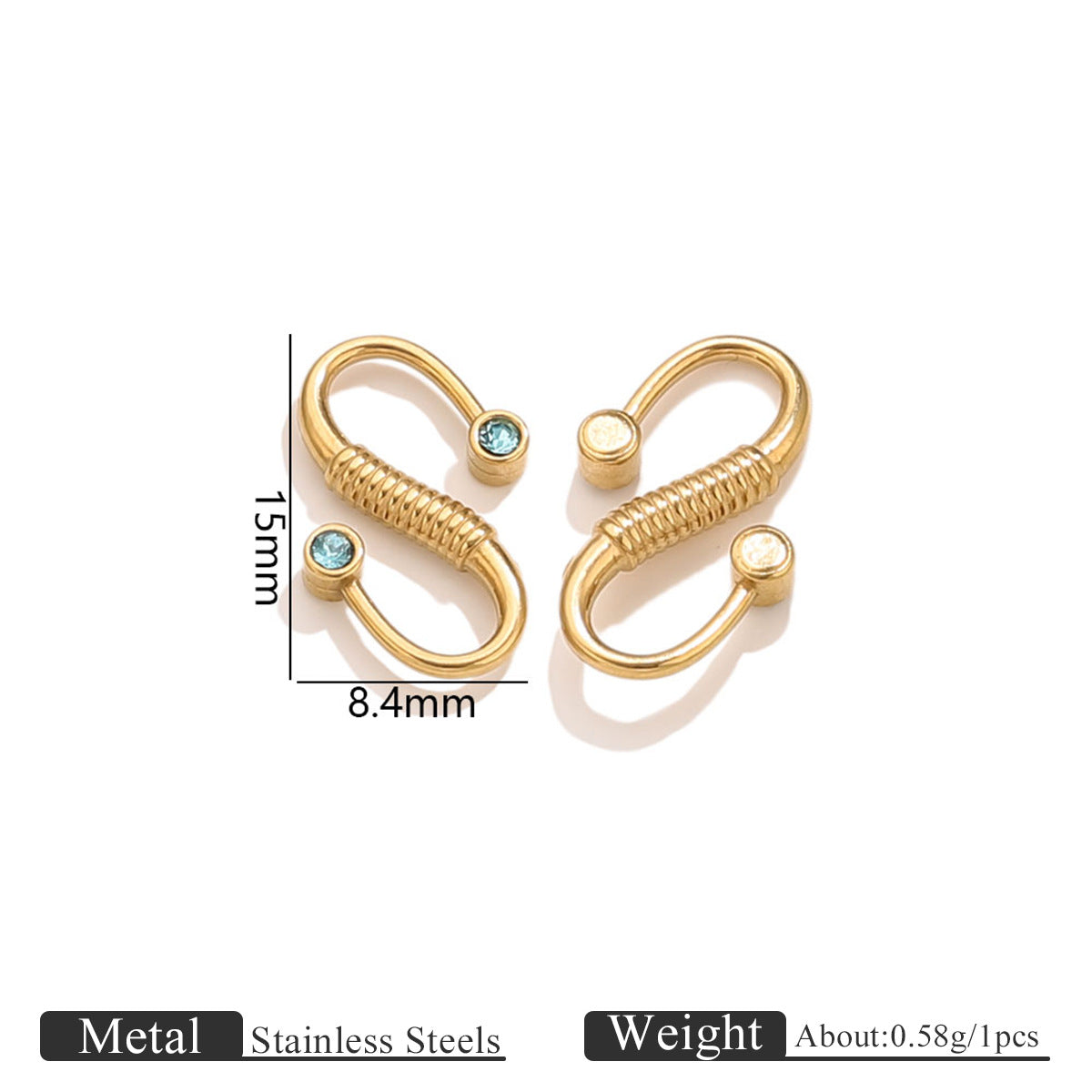 Two gold stainless steel S-hook clasps with light blue and white stones, 15mm by 8.4mm dimensions