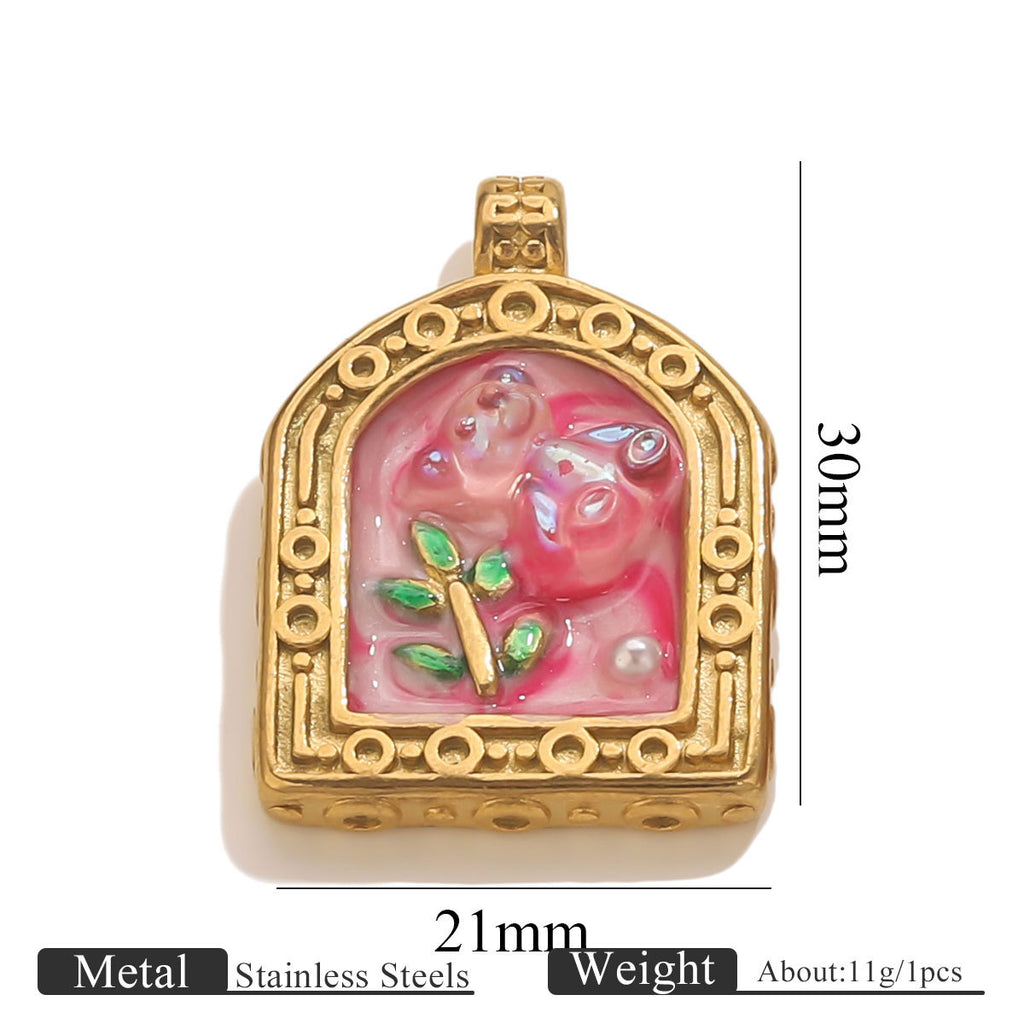 Stainless Steel Enamel Floral Faux Pearl Pendant Charm