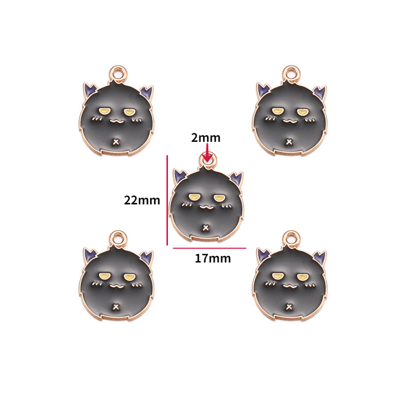 Five views of a black cat-shaped jewelry charm with rose gold trim and purple ears, 22mm by 17mm size shown