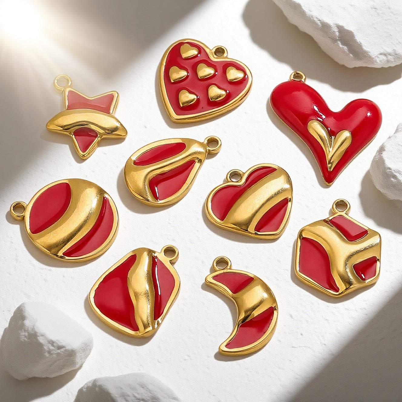 Stainless Steel Irregular Red Enamel Heart Pendant Charm