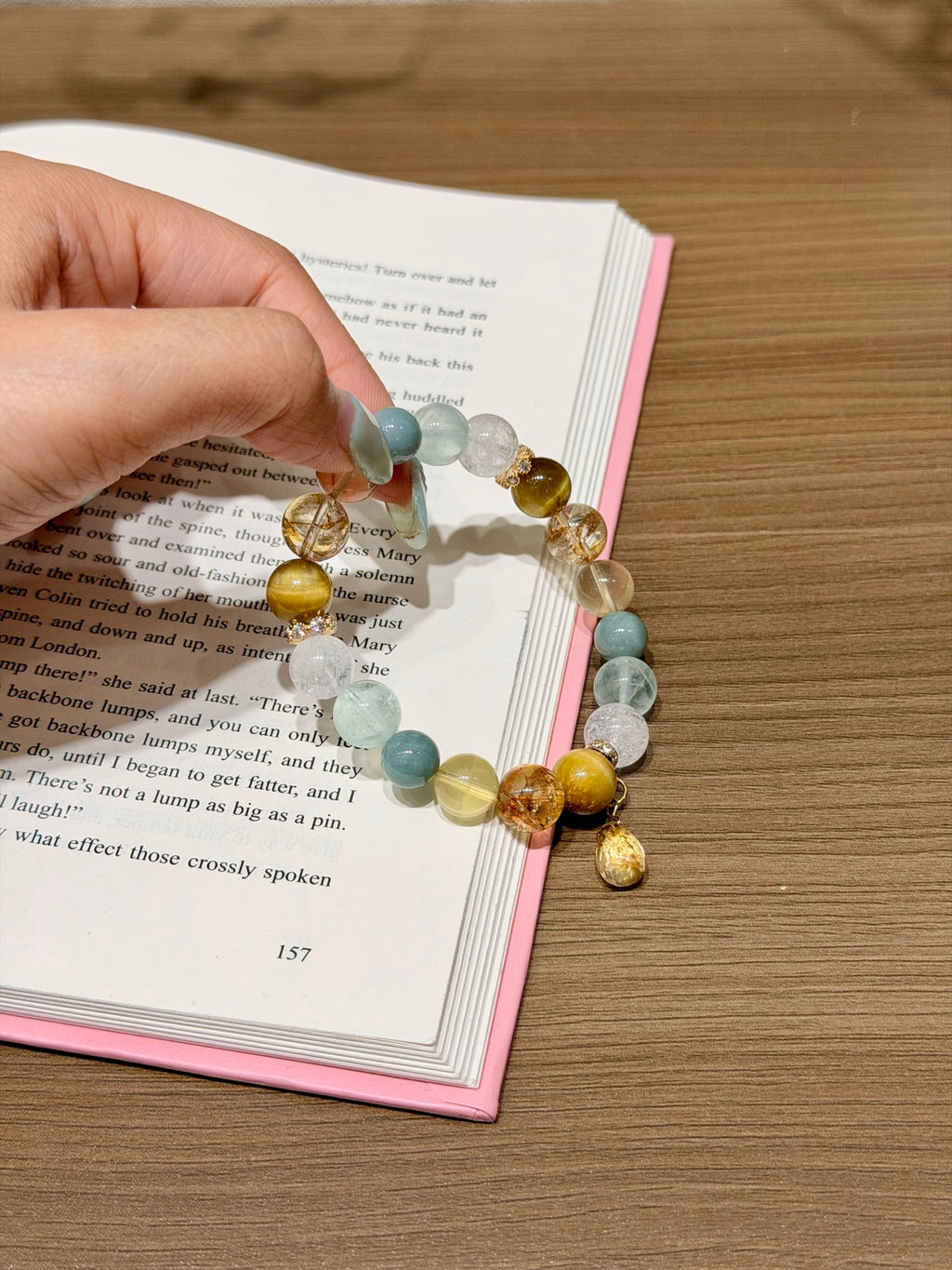 Gilded Dawn bracelet with gold-foil phantom quartz and teardrop pendant on card