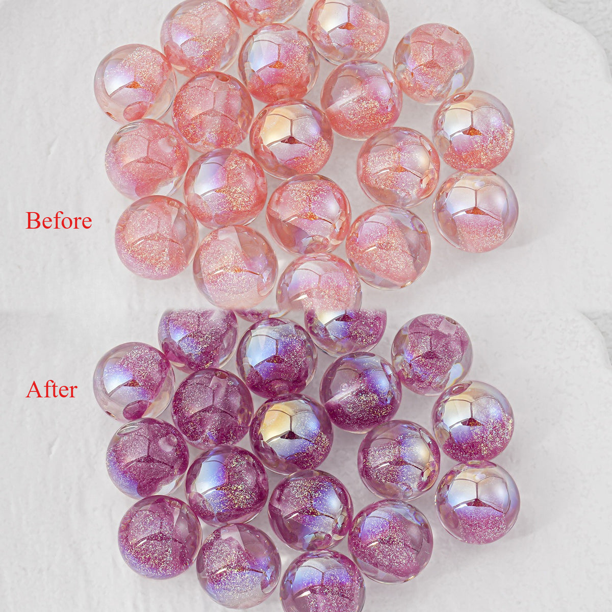 Round iridescent resin beads, before-and-after on white: pale pink with gold glitter, lavender-purple with pink glitter.