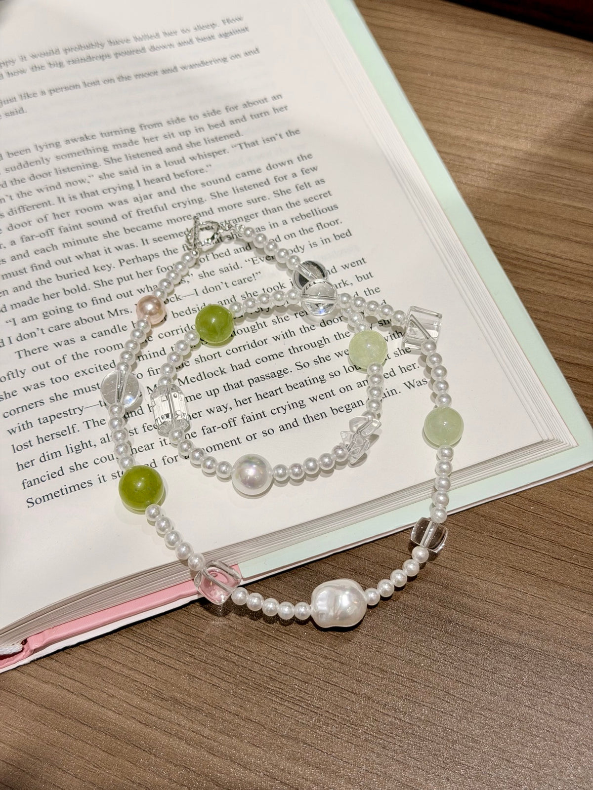 Prehnite, White Quartz & Shell Beaded Necklace