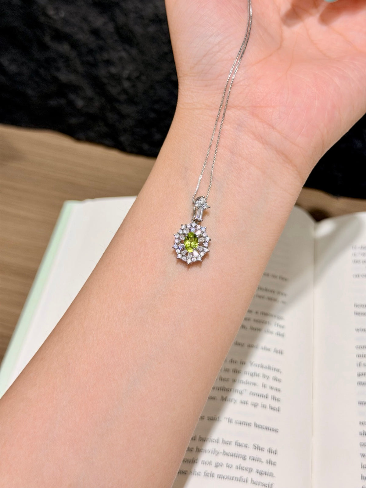 Natural Peridot Sunburst Halo Pendant with Chain