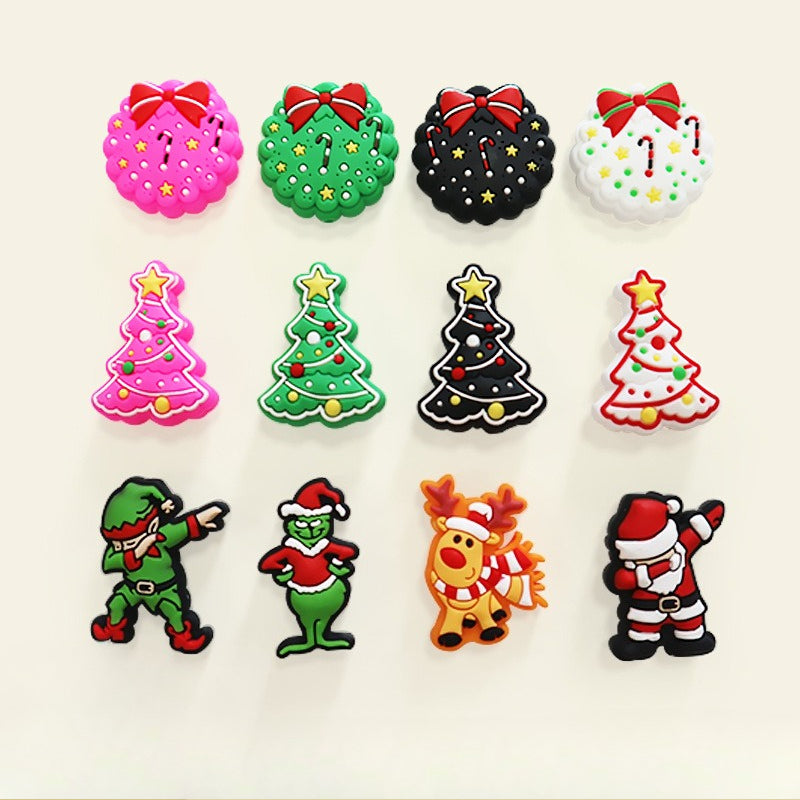 Twelve colorful Christmas silicone focal beads in a grid: four wreath, four tree, and four holiday character beads.