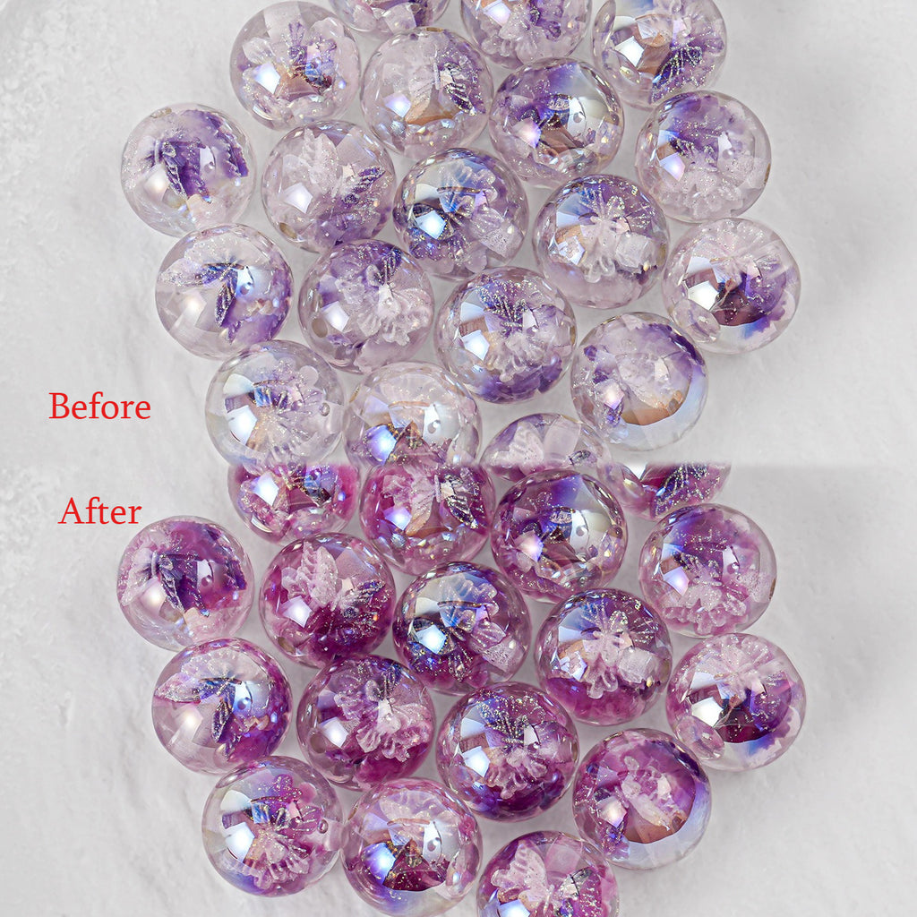 Before and After butterfly beads changing from pale clear to vivid purple-pink