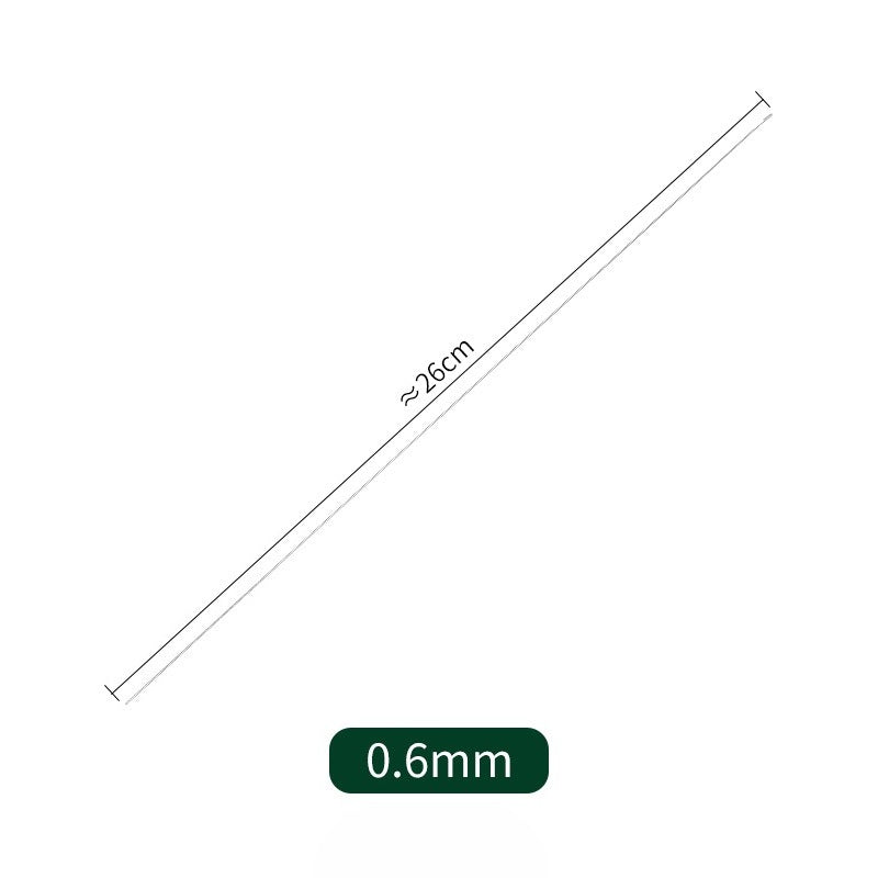 Dimension diagram of a hook needle: diagonal line labeled approximately 26 cm with a 0.6 mm label.