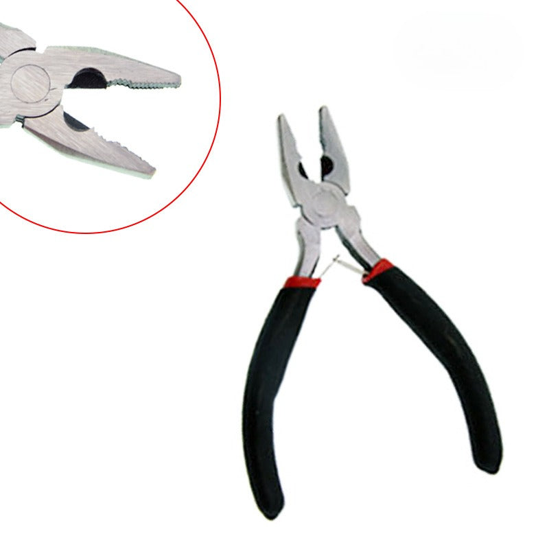 Wire cutter pliers with black and red handles on white, with circular close-up inset of the jaws