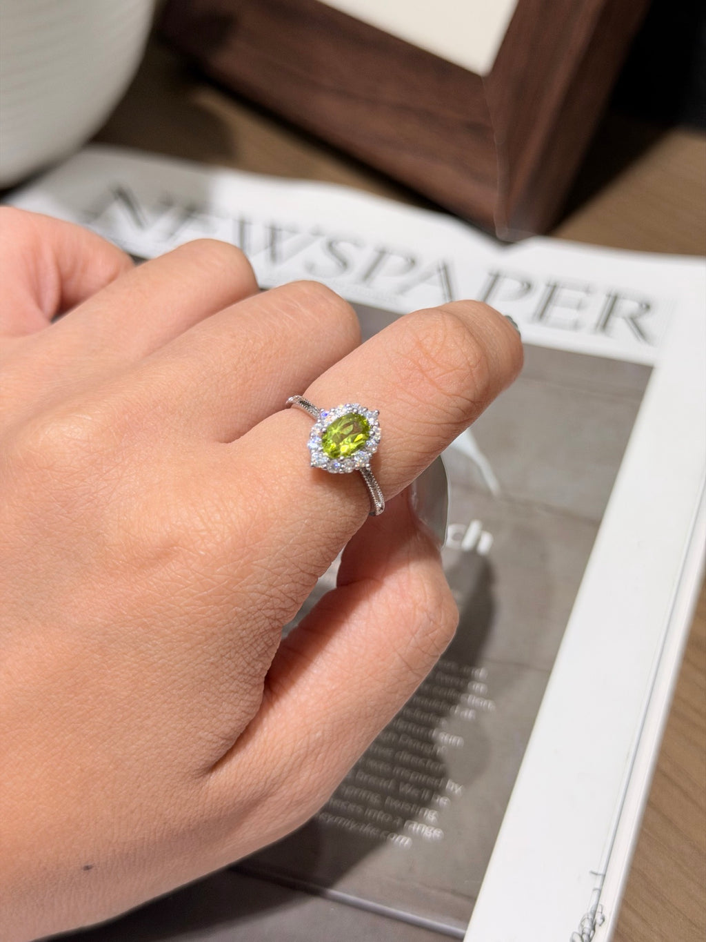 Natural Peridot Adjustable Oval Halo Ring