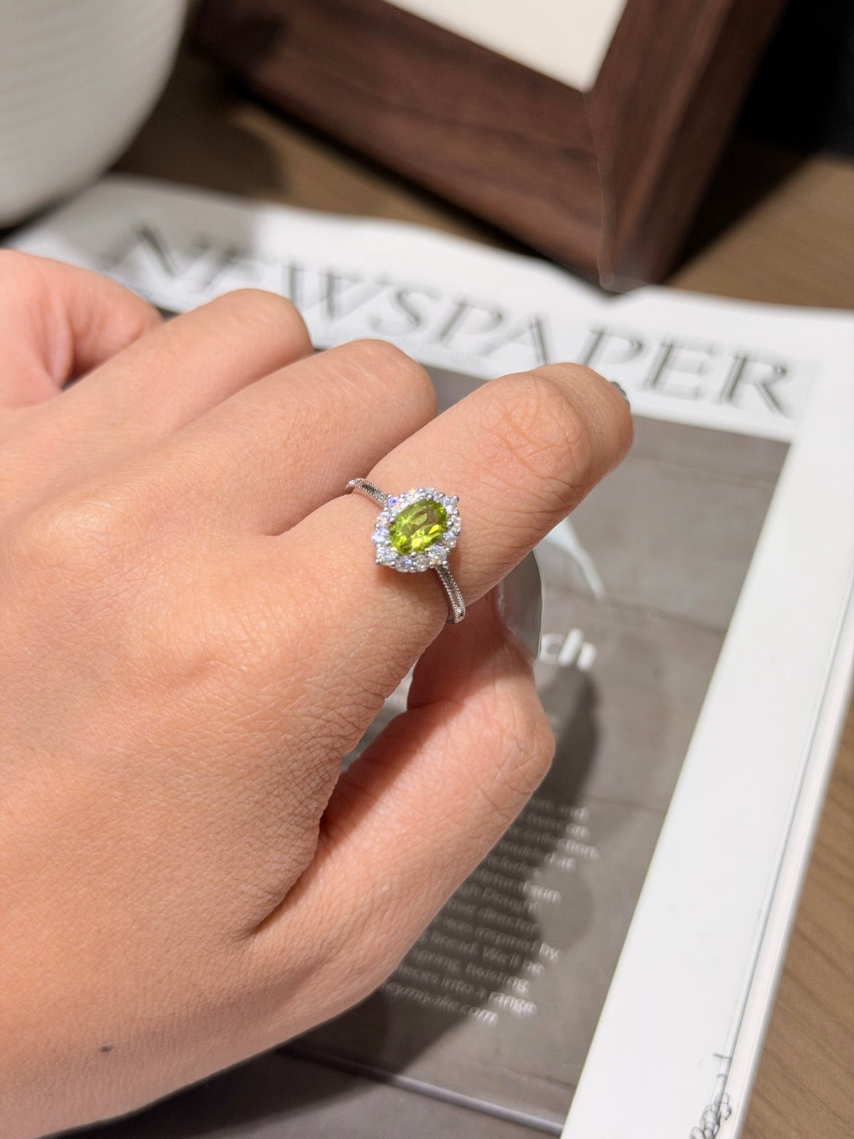 Natural Peridot Adjustable Oval Halo Ring