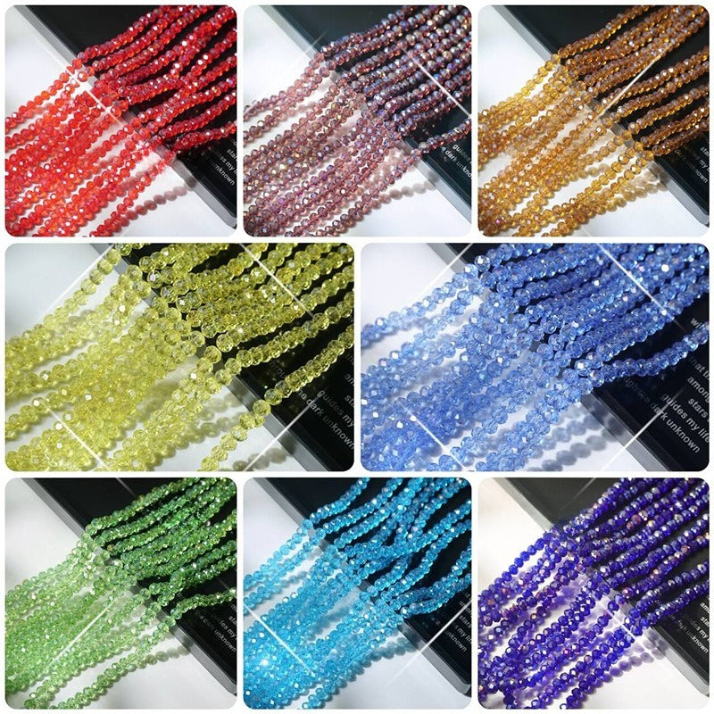 3x3 collage of multicolor faceted crystal glass wheel bead strands in red, pink, gold, green, blue, purple