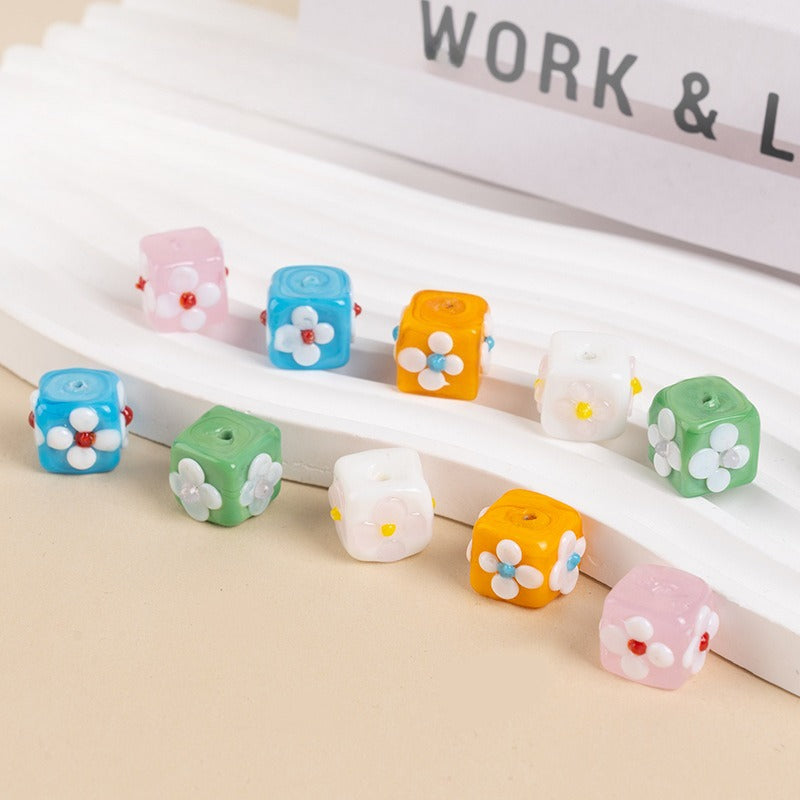 Colorful Square Flower Lampwork Beads
