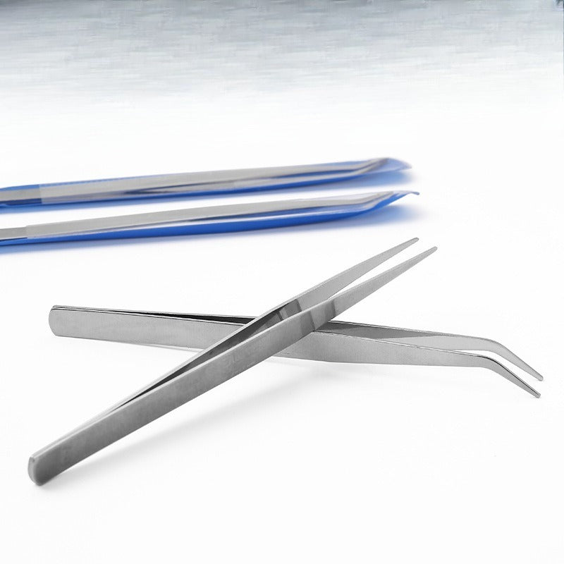 Stainless steel precision tweezers with blue handles on white background