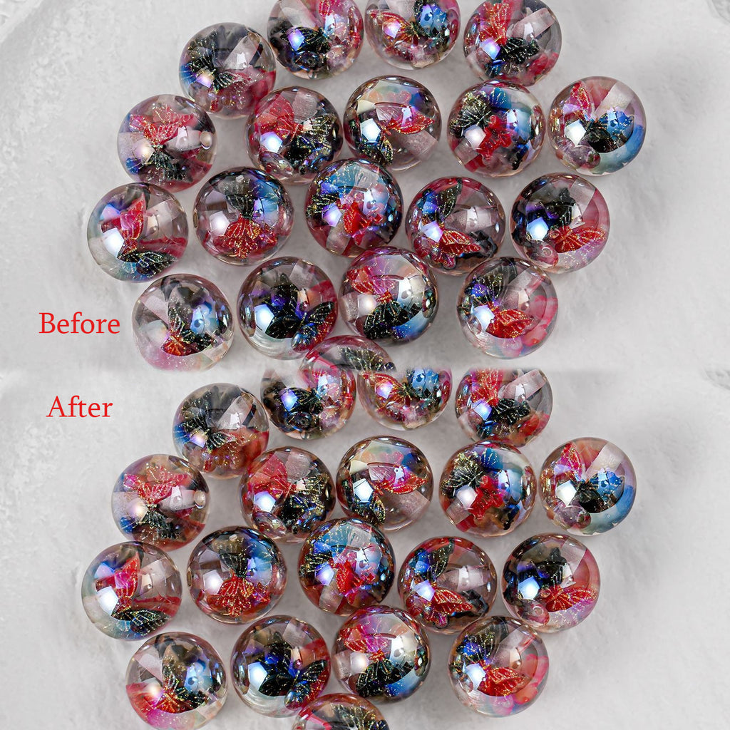 Before and After butterfly beads with red and blue butterfly inclusions on white