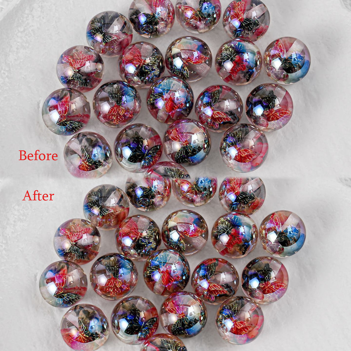 Before and After butterfly beads with red and blue butterfly inclusions on white