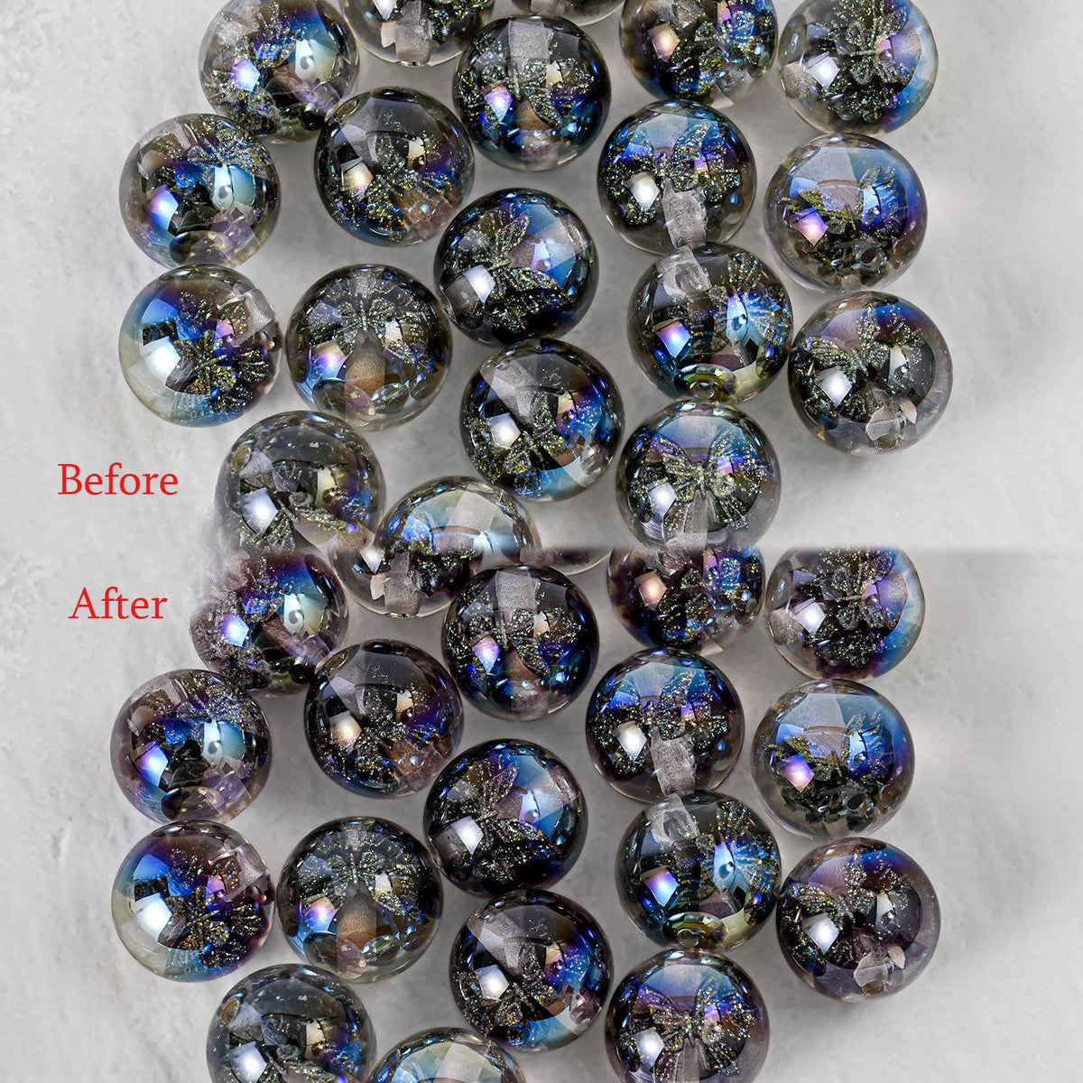 Before and After butterfly beads changing from clear iridescent to dark glitter-filled