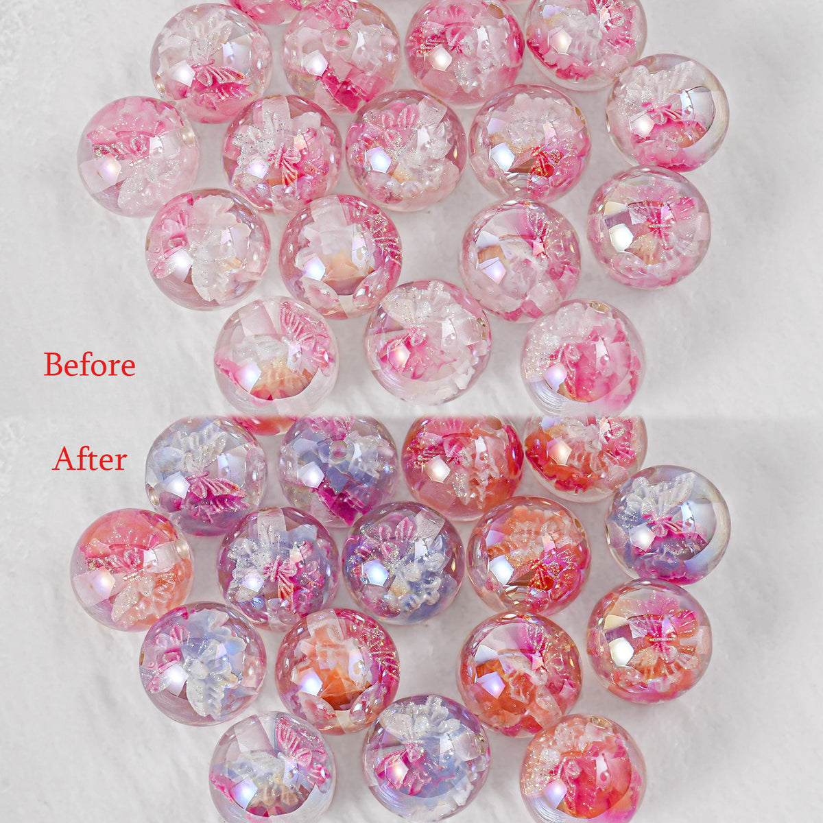 Before and After comparison of butterfly beads changing from pale pink to pink-orange