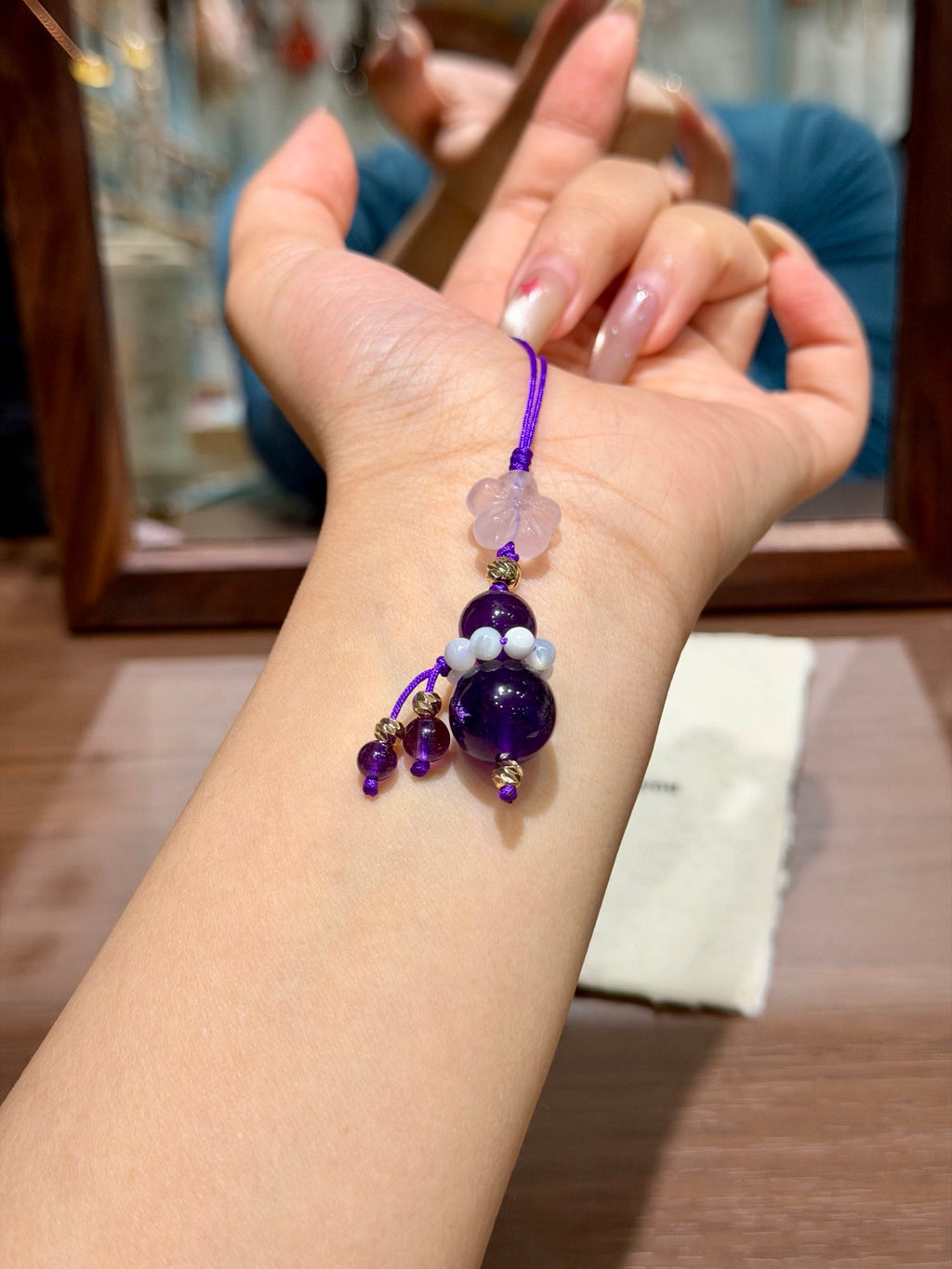 Amethyst fortune gourd phone charm with pink quartz flower on wooden frame