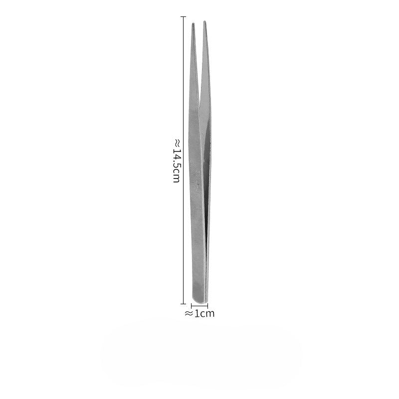 Pair of stainless steel precision tweezers shown vertically with dimension labels on white background