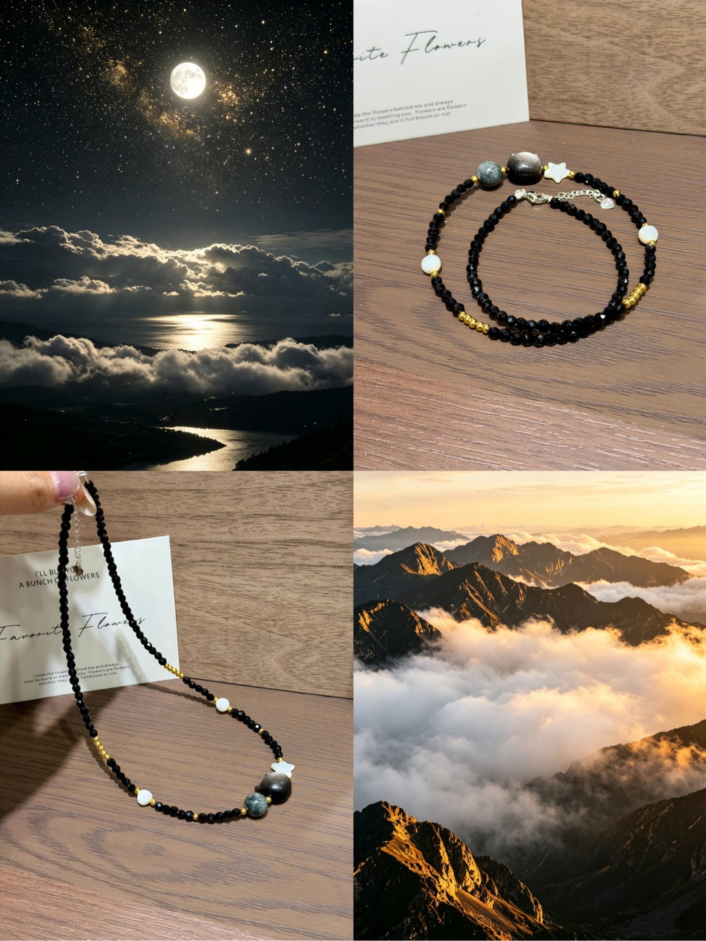 Midnight cat necklace and double bracelet collage with night sky scenes