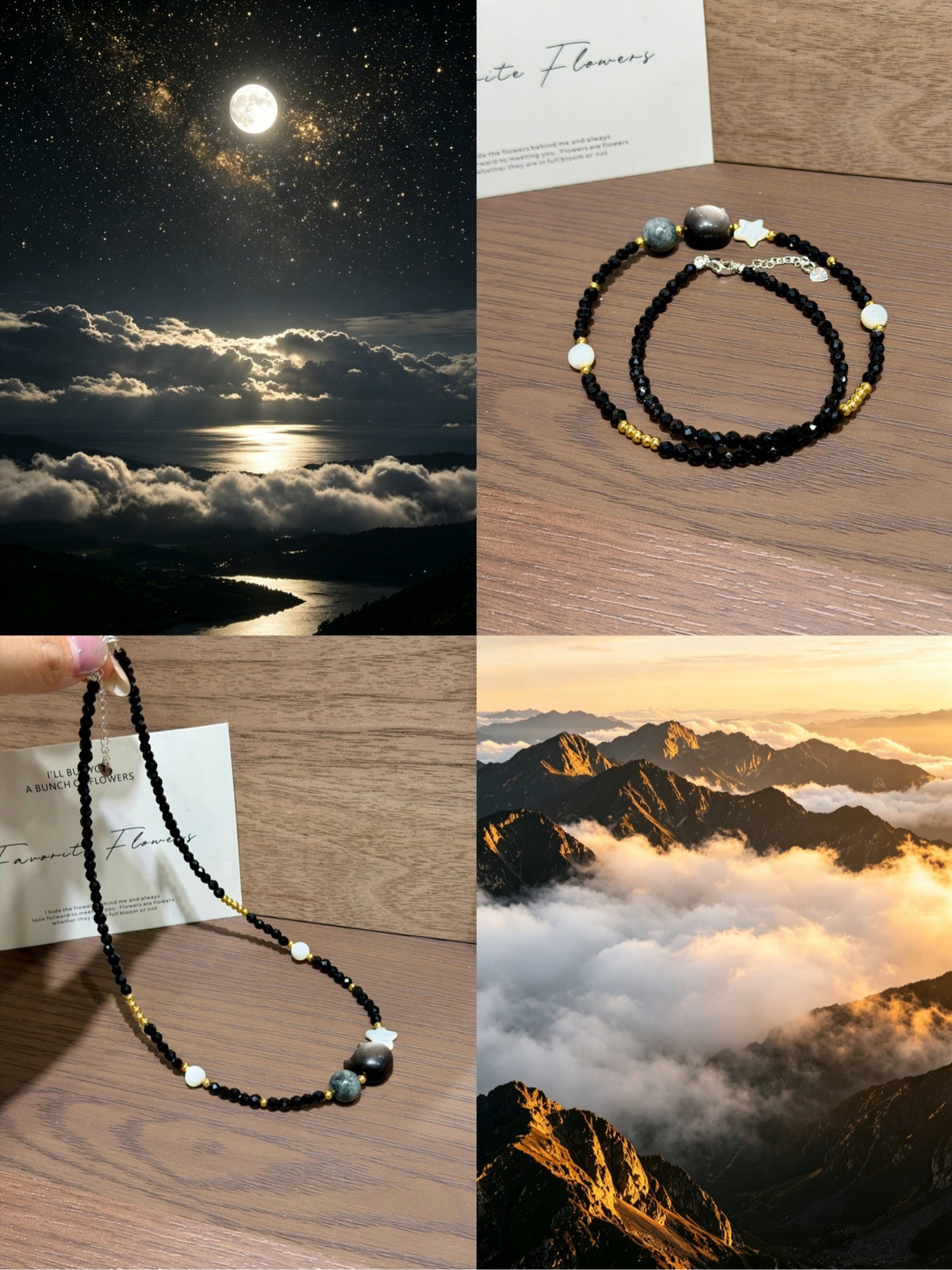 Midnight cat necklace and double bracelet collage with night sky scenes