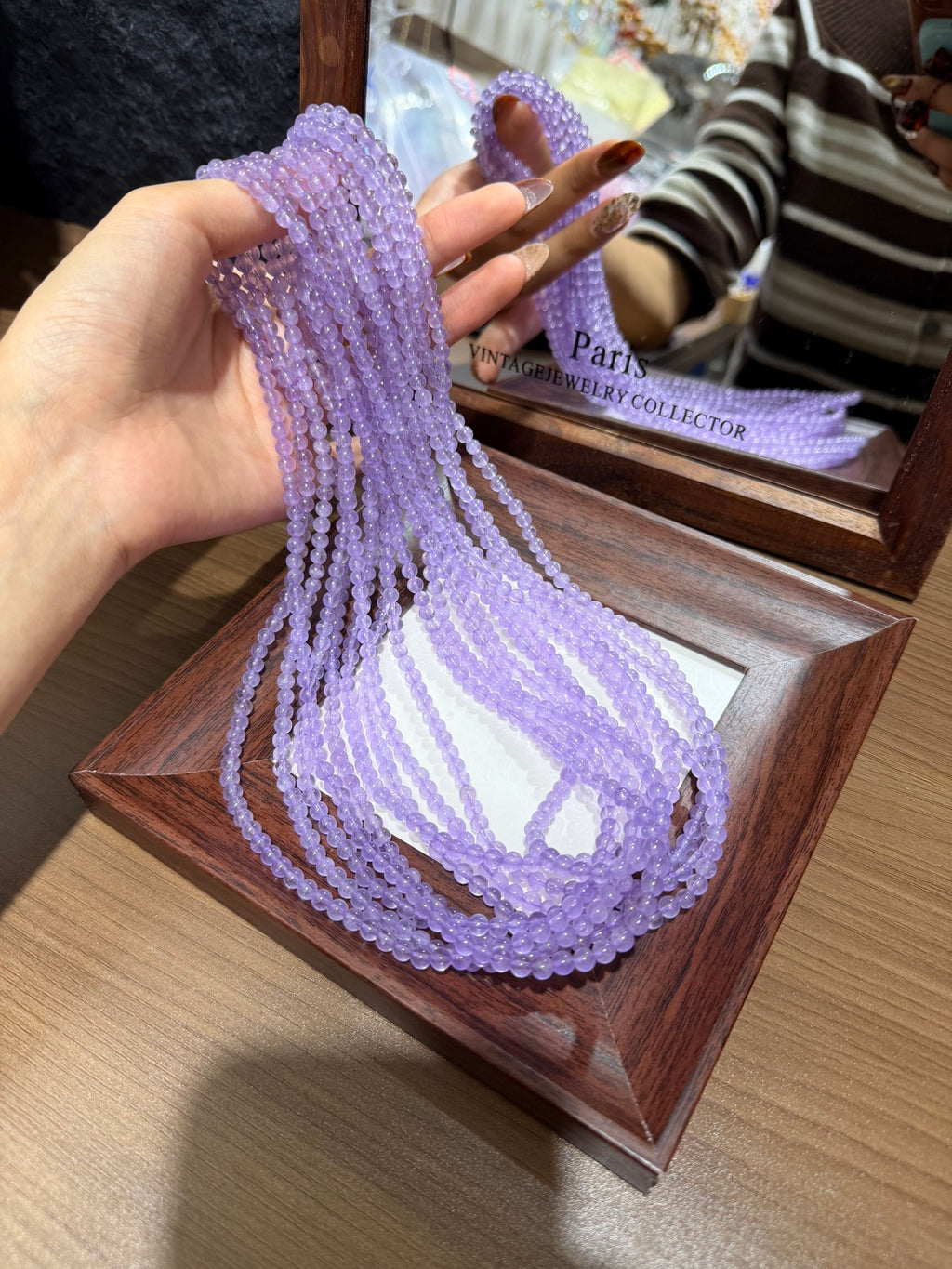 Lavender amethyst triple wrap bracelet by mirror tray