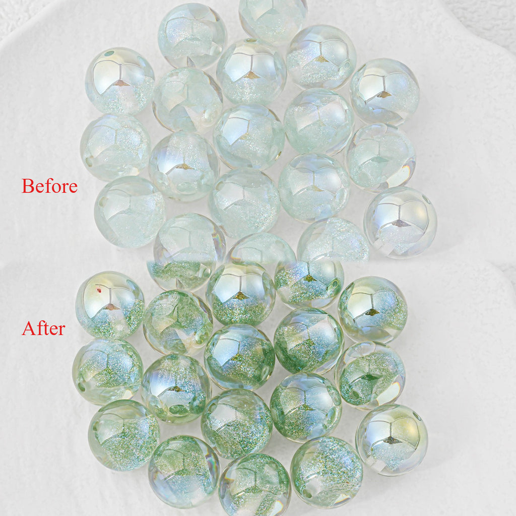 Round iridescent resin beads, before-and-after on white: clear pale blue-green, and green glitter flecks inside.