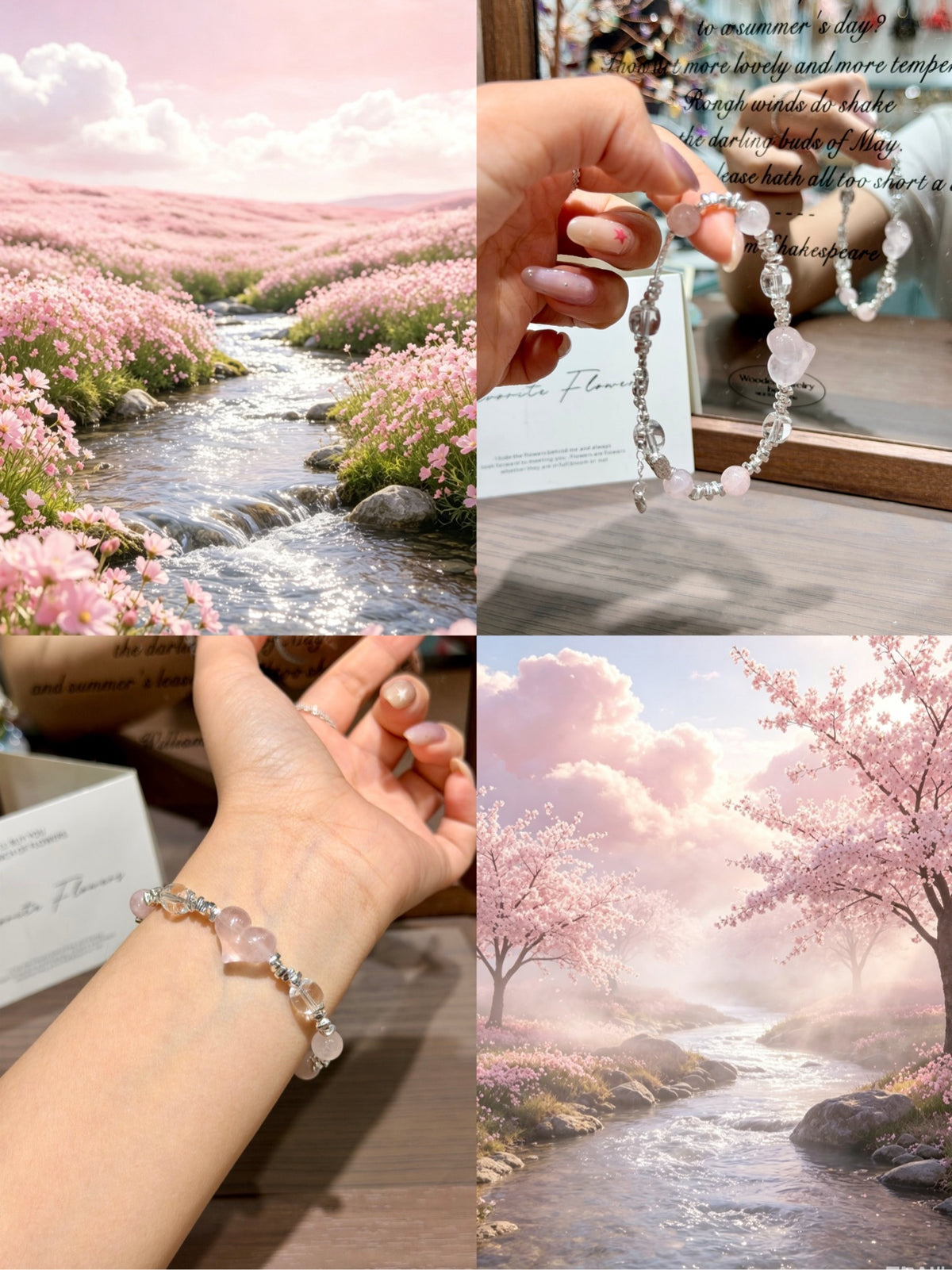 Hand holding pink heart quartz bracelet with white crystal barrel beads