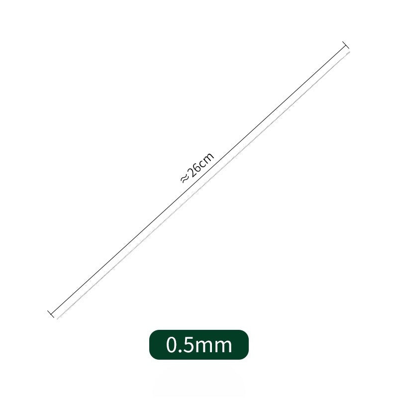 Dimension diagram of a hook needle: diagonal line labeled approximately 26 cm with a 0.5 mm label.