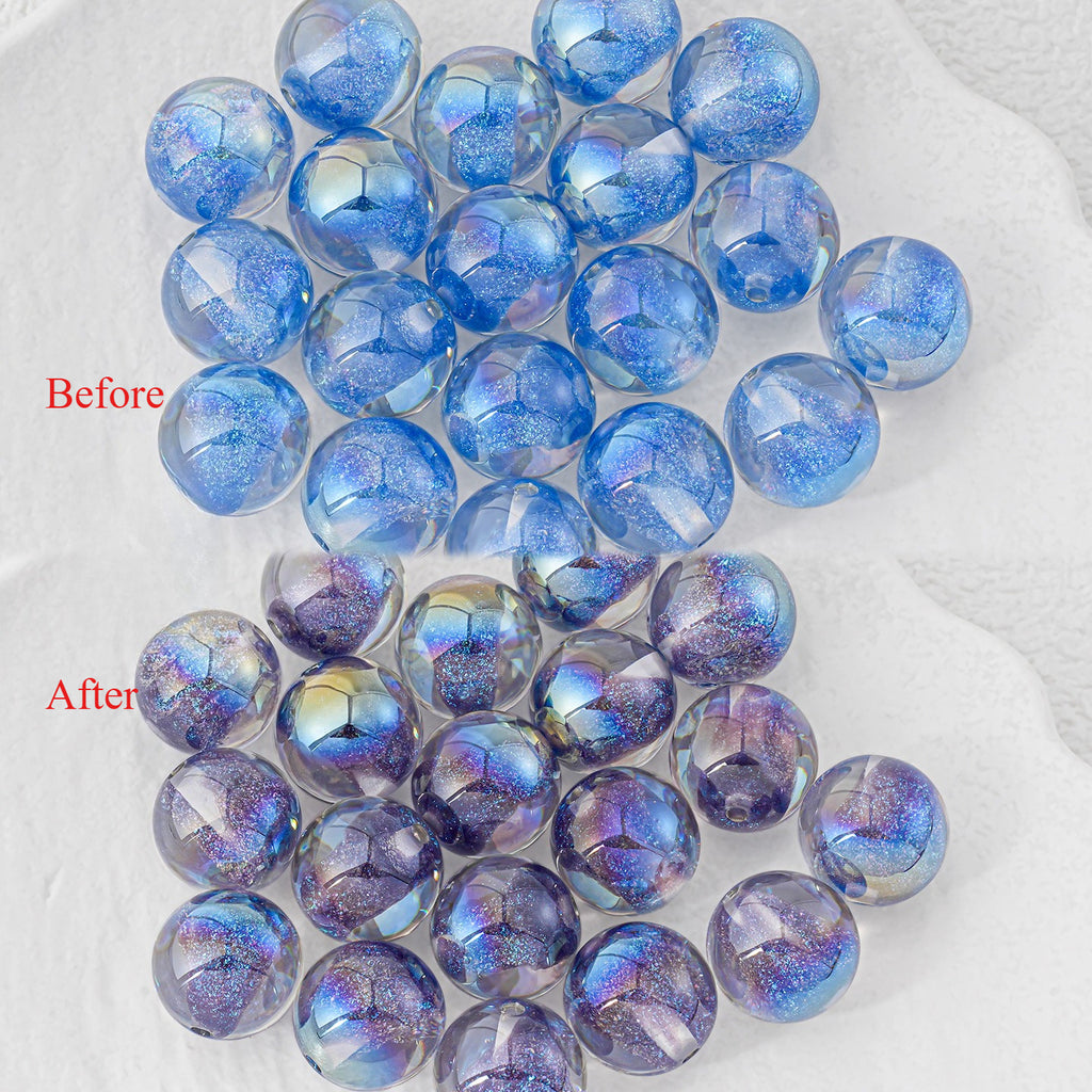 Two groups of round resin beads labeled 'Before' and 'After' on white; the 'Before' beads look mostly clear blue.