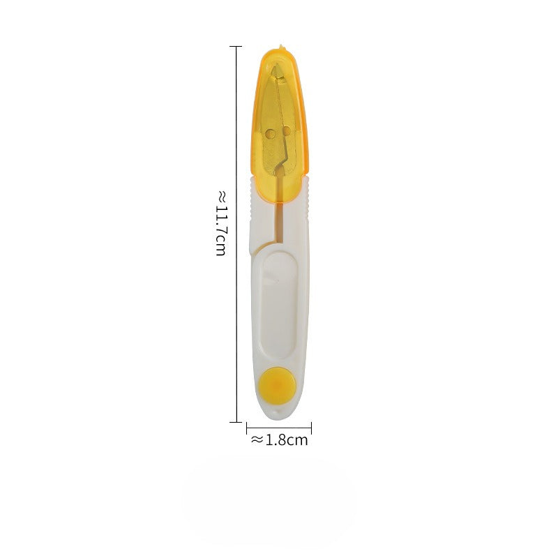 Yellow and white spring-loaded thread snip shown vertically with dimension lines
