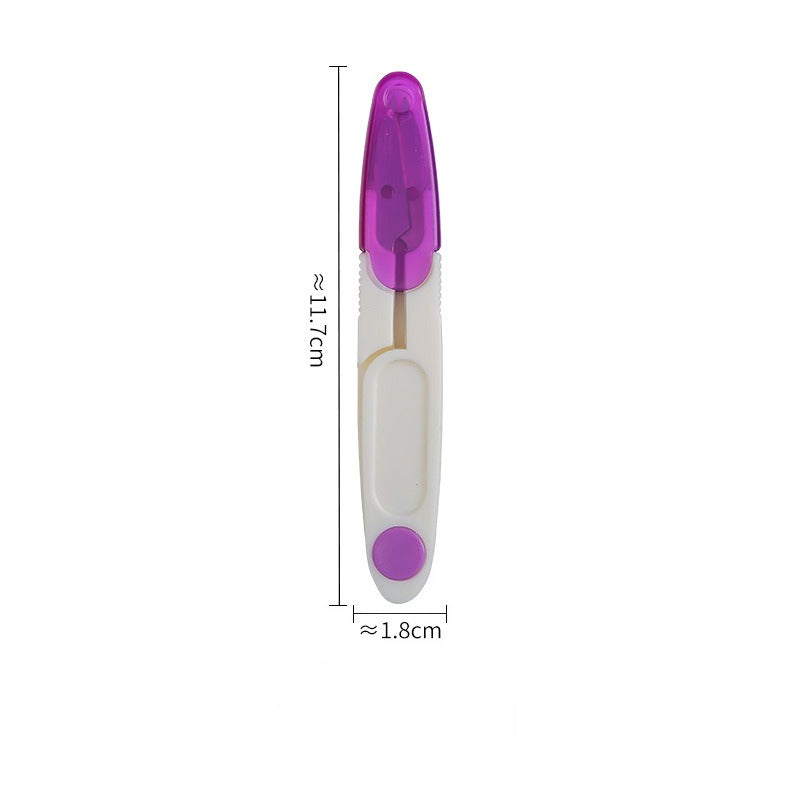 Purple and white spring-loaded thread snip with translucent purple cap, shown with dimension lines
