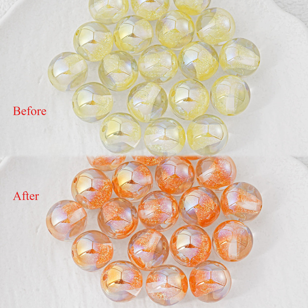 A split comparison showing round iridescent beads labeled 'Before' and 'After.' The top half shows pale yellow beads with a smooth finish, while the bottom half shows the same beads filled with orange glitter or flakes, giving a brighter orange appearance.