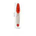 Red and white spring-loaded thread snip shown vertically with dimension lines