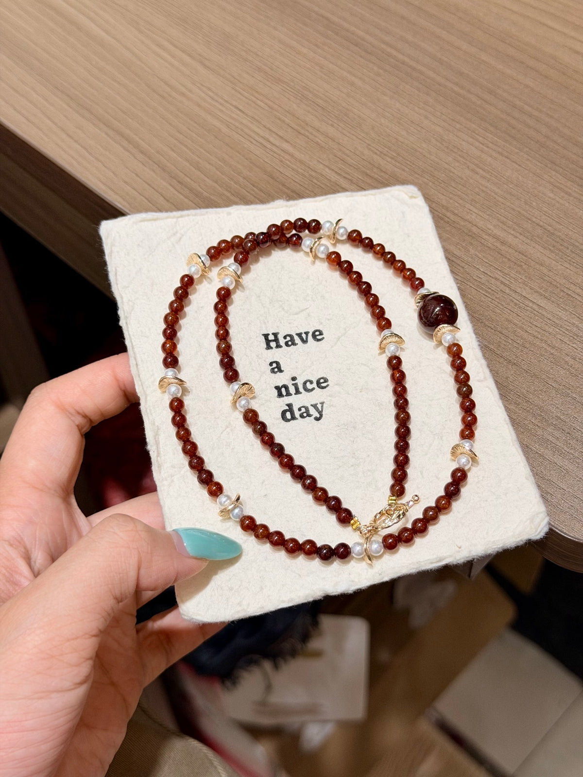 Garnet & Shell Beaded Necklace with Toggle Clasp