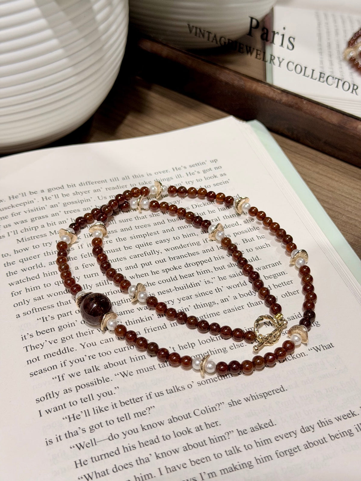 Garnet & Shell Beaded Necklace with Toggle Clasp