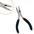 Flat-nose pliers with black and red handles on white, with close-up inset of the tip