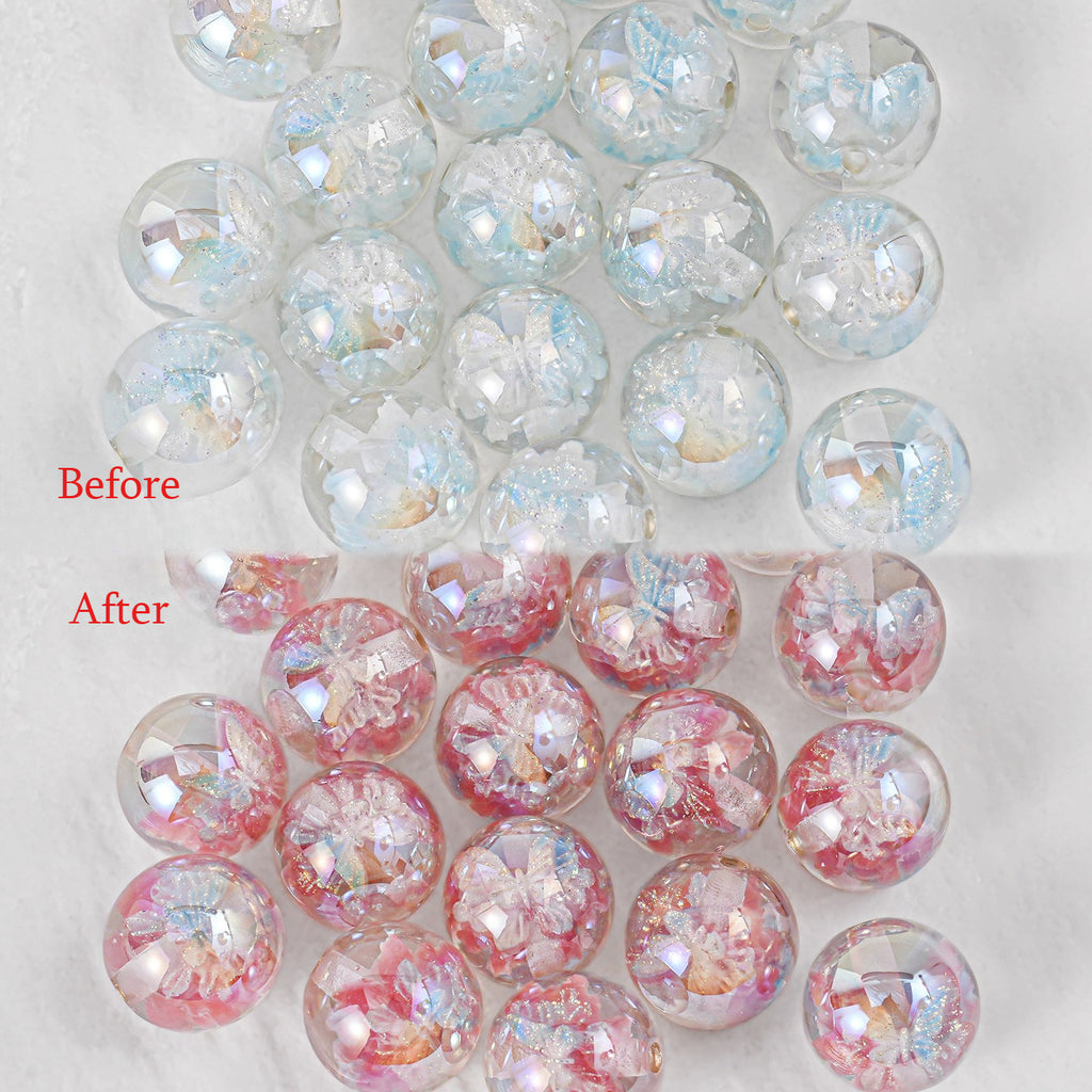 Before and After comparison of butterfly beads changing from clear to pink under UV light