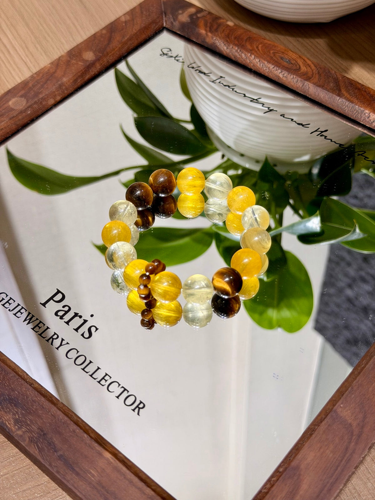 Golden wind bracelet with silky yellow fluorite on Thank You card