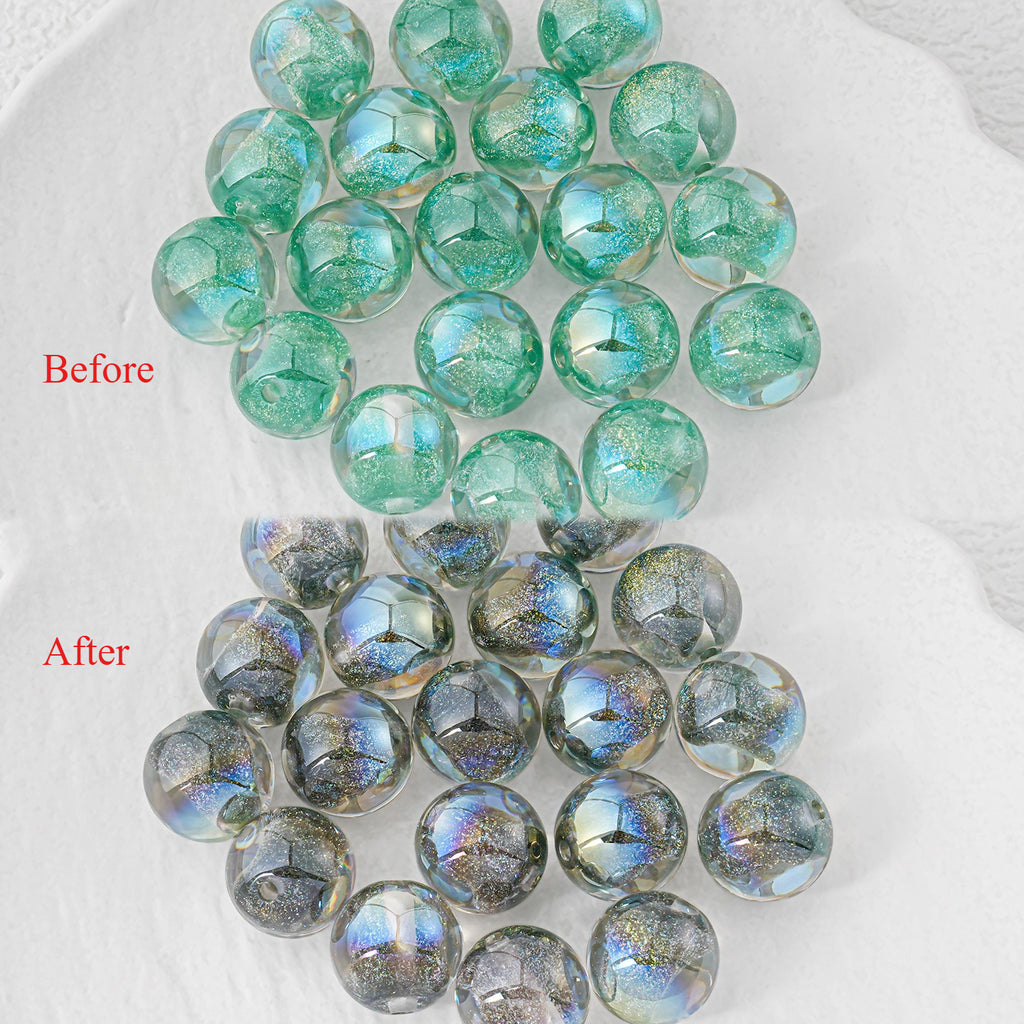 Before-and-after of round resin beads on white: clear with green-blue flecks, and metallic silver-gray finished beads.